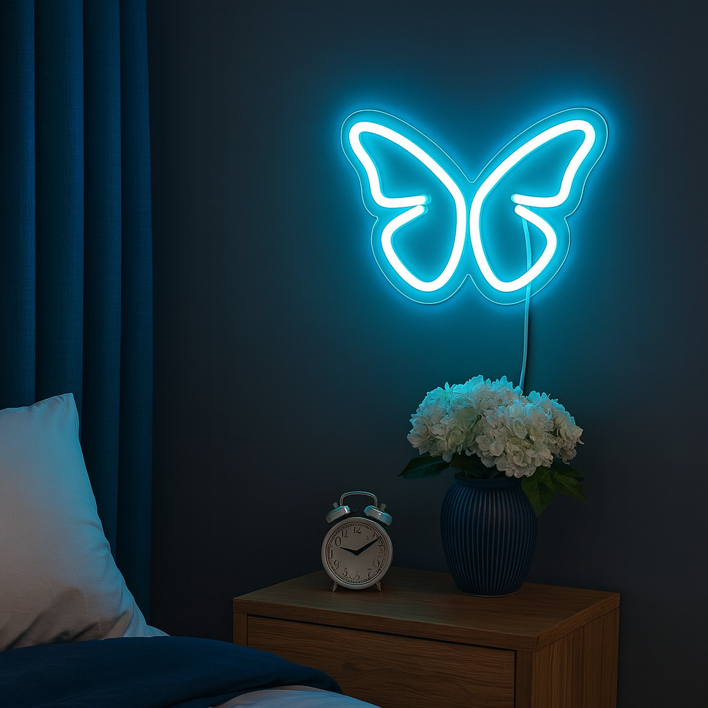 Butterfly Neon Vegglampe Lyseblå