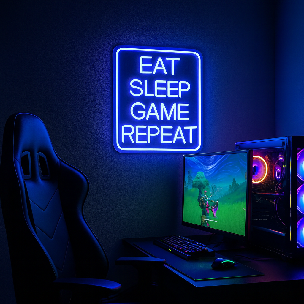 Eat Sleep Game Repeat Neon Vegglampe
