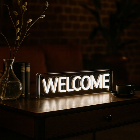 Welcome LED Neon Box Bordlampe