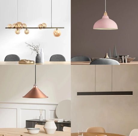 Spisebordslampe, Oak Pendel Flamingo Pink, Vision Langbordspendel Svart, Coffee Børstet Kobber, Florence Langbordspendel Messing Amber